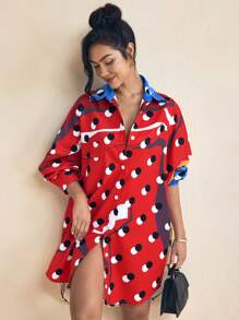 SHAQUITA GARCIA Red Polka Dot Print Oversized Dropped Shoulder Loose Shirt Dress With Pockets Summer Vacation Shirt Women's Business Casual Loose Shirt, Office - Multicolor - View 3