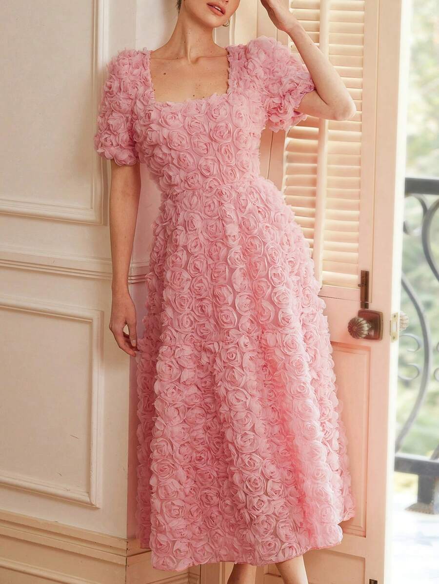 Aveloria Rosie Váy suông cổ vuông tay bồng họa tiết hoa 3D tinh tế kiểu Pháp dáng chữ A dành cho nữ - Hồng - Xem 1