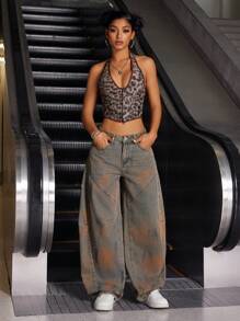 SHEIN ICON Jeans de mujer de pierna ancha vintage lavados