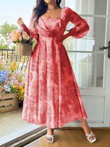 SHEIN Clasi Vestido de línea A con cuello cuadrado y mangas con volantes para el Día de San Valentín, talla grande - Multicolor - Ver 4