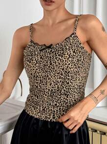 DAZY Charming Western Style Leopard Print Lace Panel Camisole With Built-In Padded Bra For Women - Brown - View 5
