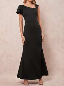 SHEIN Clasi Wedding Guest Dress Women,Elegant Women's Black Exaggerated Ruffle Sleeves Asymmetrical Collar, Cinched Waist, Fish Tail Swing Long Dress, Suitable For Parties, Weddings, Etc - Black - View 3