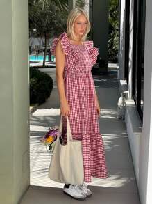 SHEIN EZwear 方领格子蝴蝶结连衣裙，甜美中长连衣裙，夏季新品 - 紅色 - 查看 5