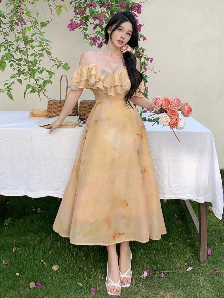 DAZY Đầm slip nữ mùa xuân mới về, họa tiết hoa, kiểu Pháp ngọt ngào thanh lịch, mang hơi hướng nghỉ dưỡng, tay bồng trễ vai, thích hợp cho lễ Phục sinh. - Màu vàng - Xem 1