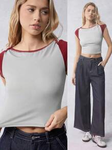 SHEIN EZwear Kontrast-Farbiges T-Shirt, amerikanisch, lässig, Retro-Stil - Verschiedenfarbig - Übersicht 8