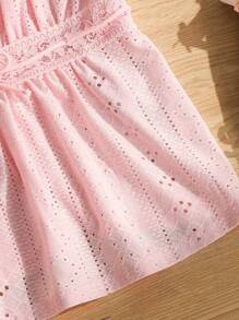 SHEIN Tween Girl 纹理针织荷叶边下摆休闲衬衫，度假/乡村/淑女风格，甜美上衣 - 西瓜粉 - 查看 5