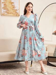 SHEIN Vestido com Decote em V, Manga Babado e Estampa Floral Miúda para Adolescentes