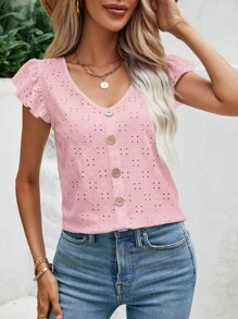 SHEIN Frenchy 女士纯色盖袖V领T恤，简约时尚，适合夏季