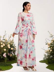 Graceveil Robe femme à manches lanternes avec col rond, à taille croisée, style arabe, pour le printemps/l'été