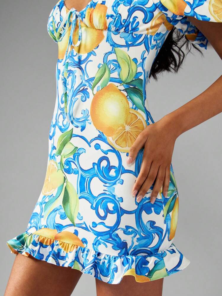 MISSGUIDED Italian Riviera Puff Sleeve Mini Dress With Yellow Citrus Print Ruffle Hem Summer Wedding Guest Dress Spring Garden Party Dress Vacation Beach Resort Dress