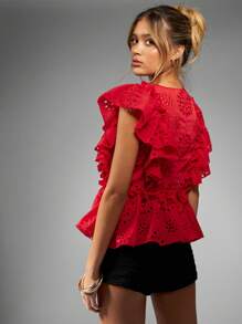 MISSGUIDED 刺绣蕾丝花边荷叶边上衣，夏季荷叶边袖口，镂空蕾丝上衣，适合派对、婚礼、特殊场合、节日和圣诞节穿着。 - 紅色 - 查看 2