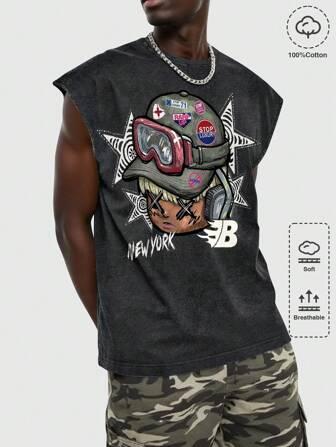 Street Life Men's Hip Hop Figure Print Washed Snow Flake Tank Top