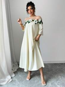 Elenzga Elegant Women's Mid-Length Mesh Patchwork Embroidered Decor Dress - Random Flower Print - Apricot - View 3