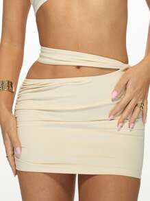 MISSGUIDED Twist Front Two-Piece Set With High Waist Mini Skirt Asymmetric One Shoulder Crop Top Club Party Night Out Outfit Cut Out Design Bodycon Coordinates - Apricot - View 6