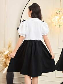 Tween-Mädchen 2-teiliges lässiges Set aus kurzem Hemd und Kleid mit Kragen, Rüschen und Schmetterlingsdekor, bequem und minimalistisch