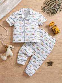 2pcs Baby Boy Knitted Collar Short Sleeve Top & Car Print Pants Home Outfit, Spring/Summer - Multicolor - View 3