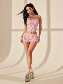 SHEIN PETITE Bộ đồ hai mảnh ren in hoa màu hồng + quần short cạp thấp cho nữ - Hồng - Xem 3