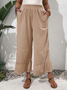 Plus Size Summer Countryside Solid Color Frill Hem Casual Daily Wear Pants - Camel - View 2