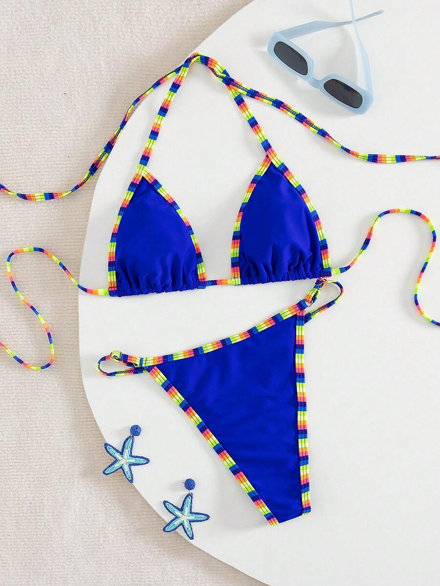 SHEIN Swim 2025 年夏季新款女士休闲度假纯色亮色性感比基尼套装 - 藍色 - 查看 1