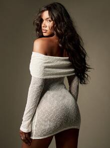 MISSGUIDED 闪亮针织露肩迷你连衣裙 长袖一字领 冬季假日派对晚宴场合 金属亮片