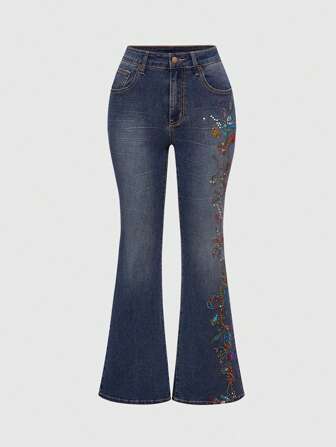 Hippie Jeans a vita bassa a zampa da donna con ricamo floreale e strass in stile occidentale