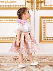 SHEIN Floral Print Contrast Mesh Ruffle Hem Baby Girl Dress - Multicolor - View 4