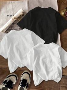 3pcs/Set Tween Girls' Cherry, Strawberry, Lemon Poster Style Print Round Neck T-Shirts, Suitable For Summer - Black - View 2