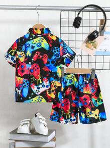 2pcs Young Boy Funny Cool Versatile Polo Collar Shirt With Shorts Summer Outfit - Multicolor - View 2