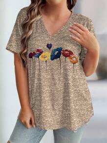 SHEIN LUNE T-shirt casual à encolure en V à manches courtes avec imprimé floral élégant pour femmes grandes tailles
