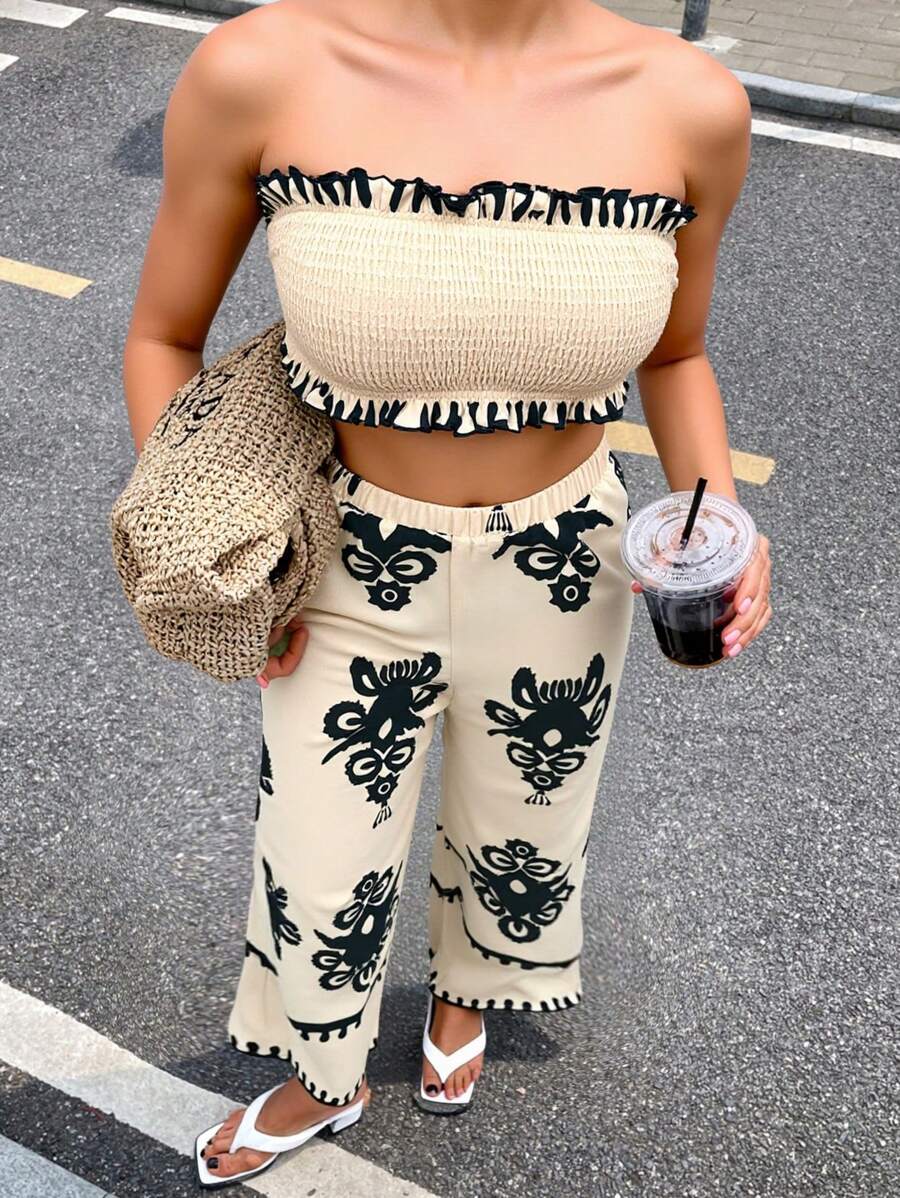 SHEIN Frenchy 女裝休閒度假春夏無肩帶兩件套組,幾何印花 - 彩色 - 查看 1
