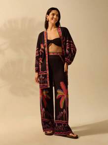 CAJUNI Women's Boho Colorful Coconut Tree & Mushroom Print Lantern Sleeve Loose Kimono-Style Beach Cover Up, Summer Resort - Multicolor - View 7