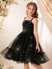 Tween Girls' Off-Shoulder Star Mesh Stitching Party Banquet Wedding Dress, Elegant And - Black - View 7