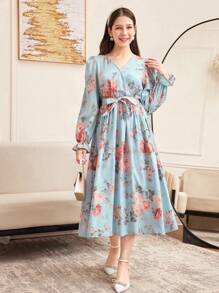 SHEIN Vestido com Decote em V, Manga Babado e Estampa Floral Miúda para Adolescentes