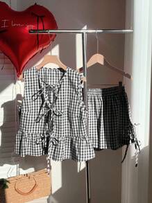 Comfortcana 大码夏季红白格子蝴蝶结两件套服装，上衣和短裤 - 黑與白 - 查看 6
