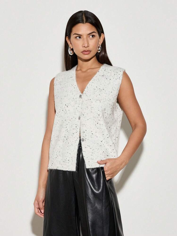 AiiRZ Chaleco sin mangas con botones de punto moteado, suéter de cárdigan de cuello en V clásico para otoño e invierno, ropa de oficina casual y cálida de punto