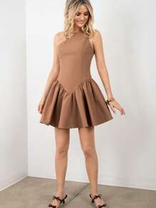 SNOW XUE GAO Light Brown Asymmetric Neckline Pleated Mini Dress Fashion Sundress Summer Vacation Outfits Dress For Women - Brown - View 7