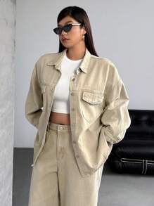 SHEIN ICON 大码女式大码牛仔夹克，休闲时尚，适合夏季 - 卡其色 - 查看 4