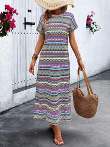 Breezaya 女士时尚彩色条纹短袖连衣裙长款女装