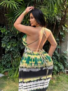 SHEIN SXY Plus Size Women's V-Neck Backless Tie-Dye Ruffle Print Dress,Green,Summer,Boho,Vacation,Holiday,Casual Beach Outfits,Cute Date Night Streetwear - Multicolor - View 7