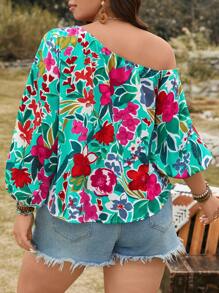 SHEIN LUNE Blusa asimétrica de manga farol con estampado floral vívido, talla grande, para uso casual, concierto country, graduación, brunch de verano, Día de la Madre, iglesia - Multicolor - Ver 4