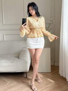 DAZY Ditsy Floral Smock Long Sleeve Vacation Casual Top, Women Summer Blouse,Ruffle