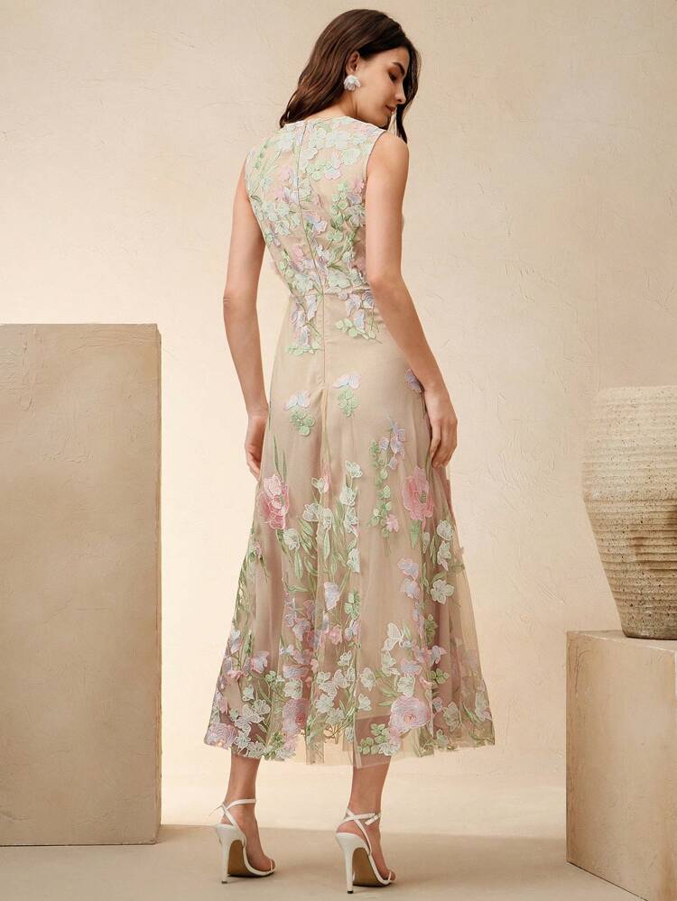 Women Sleeveless Embroidered Floral Dress,Elegant & Chic Vacation,Festival, Easter,Wedding Guest Dress, Spring/Summer