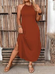 EMERY ROSE Plus Size Women's Solid Color Simple Daily Open Shoulder Dress Maxi Women Outfit - Redwood - View 4