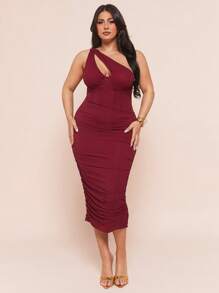 SHEIN BAE Plus Size Women Asymmetric Neck Bodycon Midi Dress, Burgundy, Elegant Sexy Dress, French Style Dress, Evening Gown, Birthday Dress, Bridesmaid Dress, Simple Chic Everyday Dress, Wedding Guest Dress, Cocktail Dress,Dresses Classy Elegant,Nashville Outfits,Summer Dresses For Women,Vacation Outfits Women,Wedding Guest Dress Women,Sun Dresses For Women,Spring Outfits For Women,Graduation Dress,Mesh Dress - Burgundy - View 6