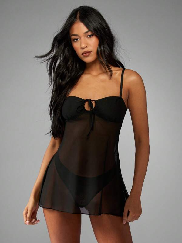MISSGUIDED Conjunto de camisón y minivestido de chifón transparente, vestimenta de ocio para vacaciones, regalo de noche, esencial para dormir, de seda suave con tirantes ajustables