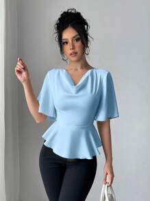 Rafferiza 女式缎面荷叶边领口收腰高端衬衫，春夏