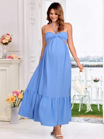 SHEIN Pregnant Women's Tie Neck Sleeveless Hollow Out Back Ruffle Hem Dress