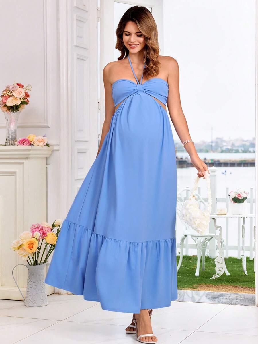 SHEIN Váy xòe hở lưng không tay buộc cổ cho phụ nữ mang thai - Màu xanh lam - Xem 1