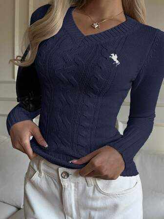 CovetEZ Women's Solid Color V-Neck Long Sleeve Sweater, Simple Fashion Suitable For Summer,Tops For School In Fall/Winter