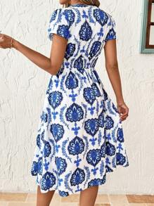 SHEIN Clasi Women Blue & White Floral Mid-Length Dress With Pockets, Elegant Resort Wear, Spring/Summer